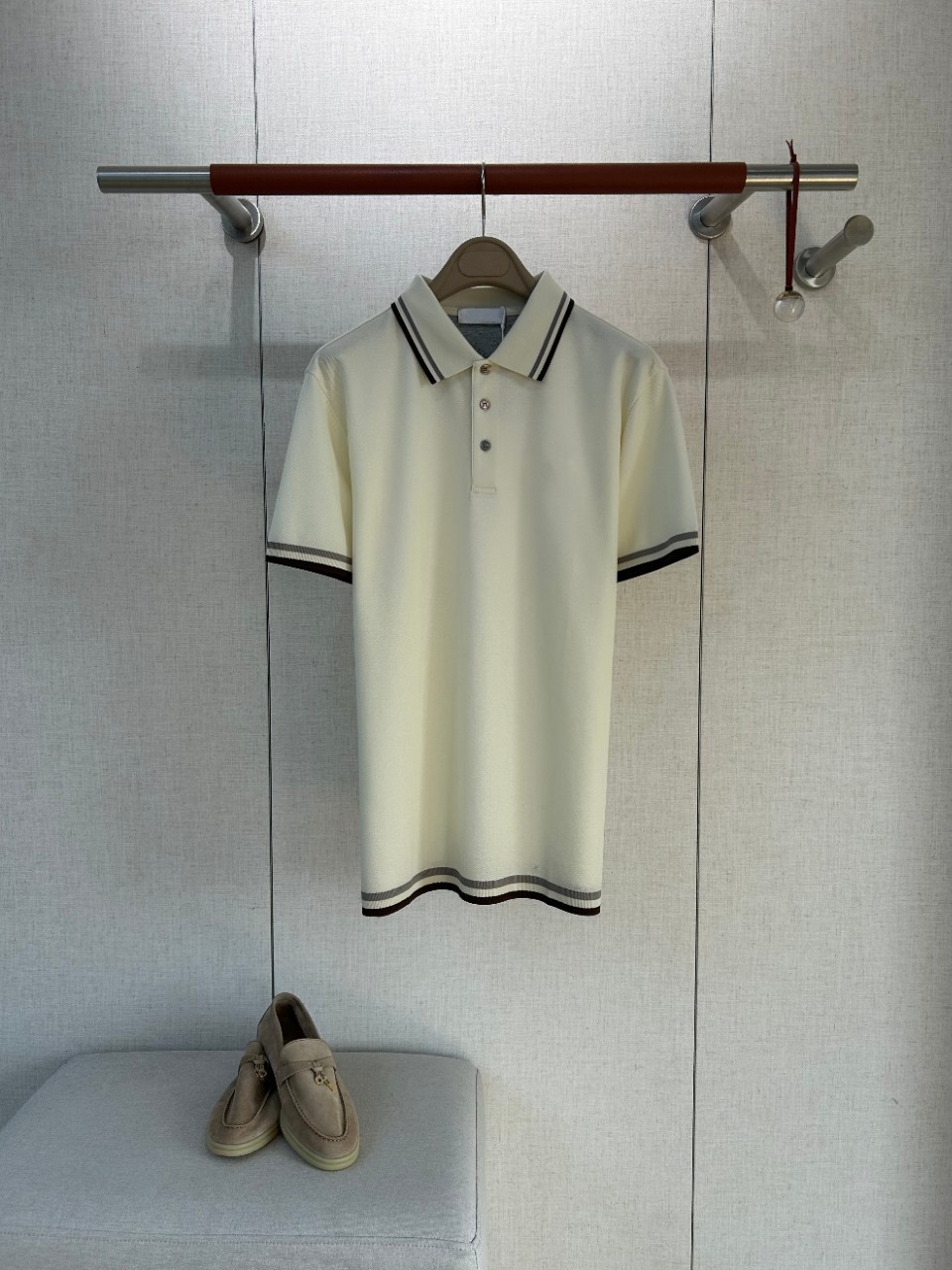 Polo Shirt Pique - オールドマネースタイル メンズ ブラウン グレー 編み込み襟 三つボタン