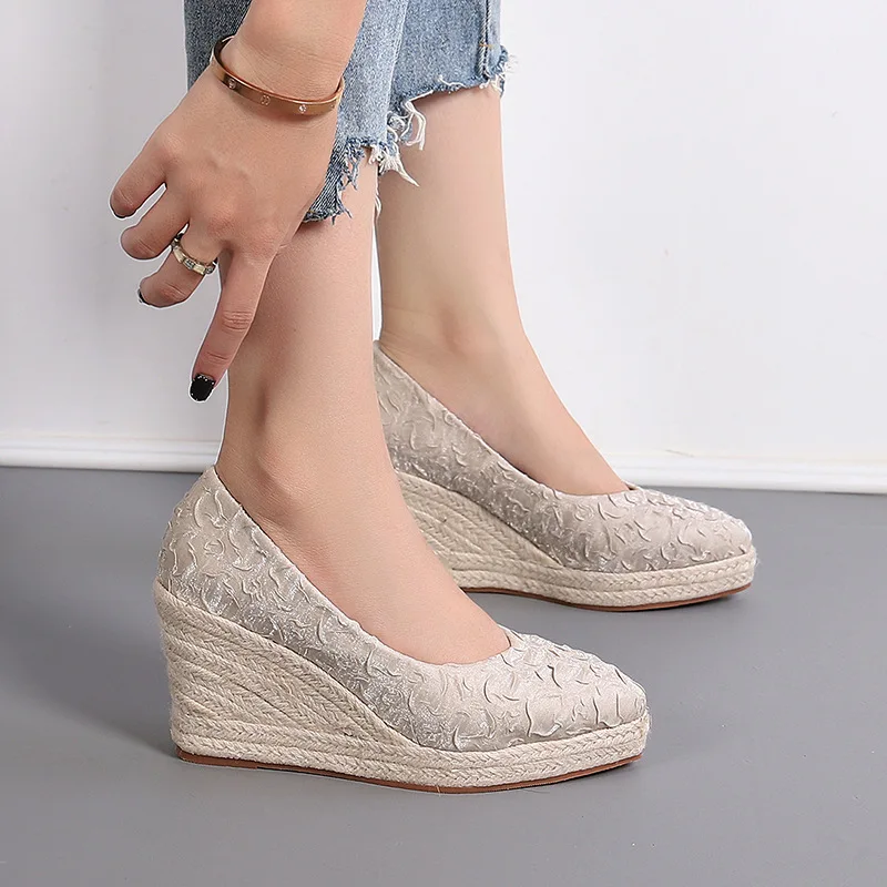 Espadrille Slip On - 8cmヒール、サイズ34-42、通気性のある快適な花柄プリントプラットフォームウェッジシューズ、ハイヒール、2026年女性用秋エスパドリーユ、オフィスママ向け