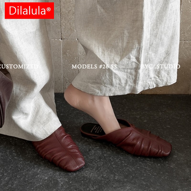 Espadrille Slip On - Dilalula 2026 新しい本物の羊革レザー女性のミュールカバートゥフラットヒールカジュアルスリッパレディースソフトアッパーサマーウォーキングシューズ