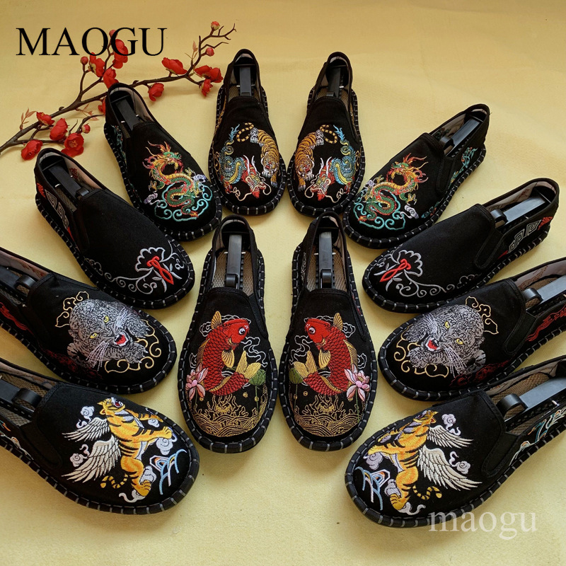 Espadrille Slip On - ユニセックス中国風刺繍スリッポンシューズ、龍虎柄ステッチソールフラットローファー、伝統的なカジュアルメンズ・レディースシューズ